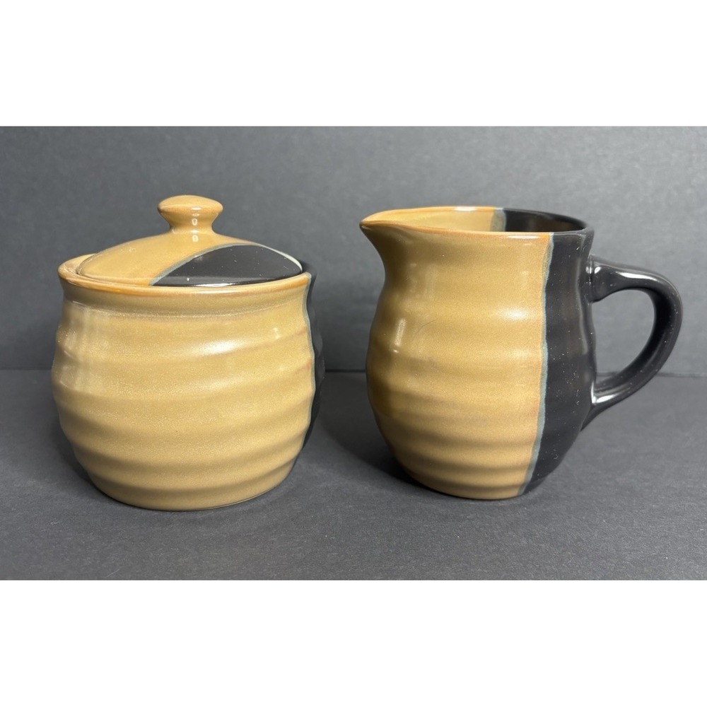 Sango Gold Dust Black Creamer and Sugar Bowl Tea Farmhouse Country Retired
